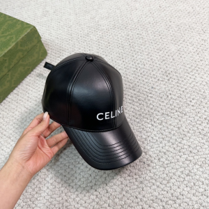 Celine Logo Black Leather Baseball Hat