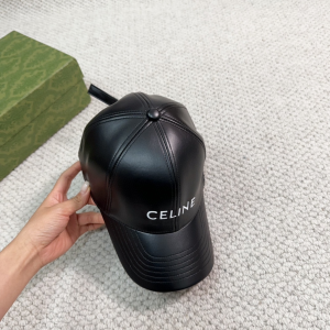 Celine Logo Black Leather Baseball Hat