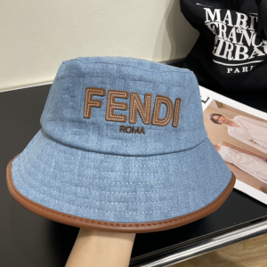 Fendi Logo Denim Blue Canvas Bucket Cap Hat