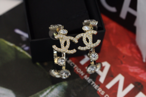 Chanel Crystal CC Pearl Hoop Earrings