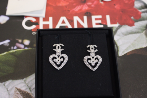 Chanel Crystal Heart CC Logo Earrings