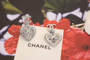 Chanel Crystal Heart CC Logo Earrings