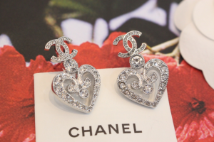 Chanel Crystal Heart CC Logo Earrings