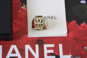 Chanel Crystal CC Logo Gold Rings