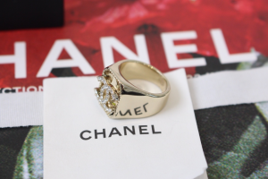 Chanel Crystal CC Logo Gold Rings
