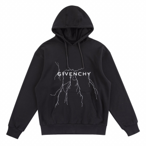 Givenchy Graphic Thunderbolt Print Boxy Fit Black Cotton Jersey Drawstring Hoodie Givenchy Graphic Thunderbolt Print Boxy Fit Black Cotton Jersey Drawstring Hoodie