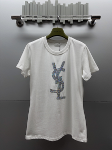 Saint Laurent YSL Rhinestone White Cotton T Shirt Saint Laurent YSL Rhinestone White Cotton T Shirt