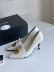 Chanel Gold CC White Leather Pumps