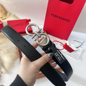 Ferragamo Gancini Black Taiga Leather Belt 35MM Ferragamo Gancini Black Taiga Leather Belt 35MM