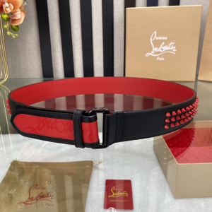 Christian Louboutin Loubi Spiked Studs Black Red Leather Belt 38MM Christian Louboutin Loubi Spiked Studs Black Red Leather Belt 38MM