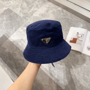 Prada Triangle Logo Patch Navy Blue Velvet Bucket Hat Prada Triangle Logo Patch Navy Blue Velvet Bucket Hat