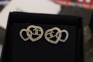 Chanel Crystal CC Double Heart Earrings
