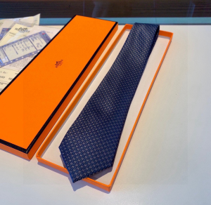 Hermes Falconee H Bicolour Navy Blue Silk Tie