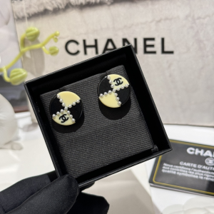 Chanel CC Black White Round Earrings