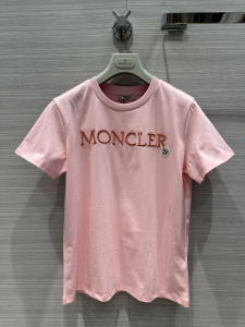 Moncler Logo Brand Appliqued Ribbed Trim Pink Cotton Jersey T Shirt Moncler Logo Brand Appliqued Ribbed Trim Pink Cotton Jersey T Shirt