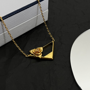 Prada Gold Metal Triangle Logo Flower Pendant Necklaces Prada Gold Metal Triangle Logo Flower Pendant Necklaces