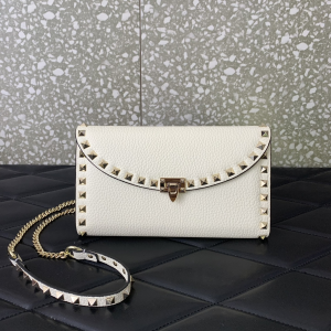 Valentino Rockstud Wallet with Chain Shoulder Bag White Grainy Calfskin Leather Valentino Rockstud Wallet with Chain Shoulder Bag White Grainy Calfskin Leather