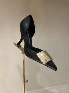 Sergio Rossi Miroir Logo plaque detail pumps black calfskin leather 95MM Sergio Rossi Miroir Logo plaque detail pumps black calfskin leather 95MM