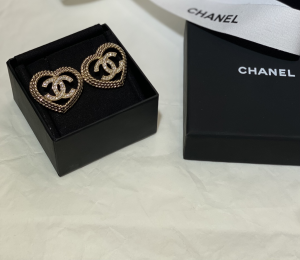 Chanel Crystal CC Logo Heart Earrings