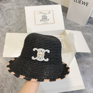Celine Triomphe Straw Raffia Bucket Cap Hat Black Celine Triomphe Straw Raffia Bucket Cap Hat Black