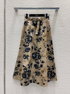 Dior flared mid length skirt beige and black cotton gabardine with fleurs mystiques Dior flared mid length skirt beige and black cotton gabardine with fleurs mystiques