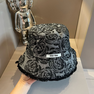 Miu Miu Camellia Flower Printed Denim Black Bucket Cap Hat Miu Miu Camellia Flower Printed Denim Black Bucket Cap Hat