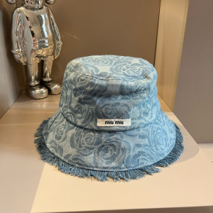 Miu Miu Camellia Flower Printed Denim Blue Bucket Cap Hat Miu Miu Camellia Flower Printed Denim Blue Bucket Cap Hat