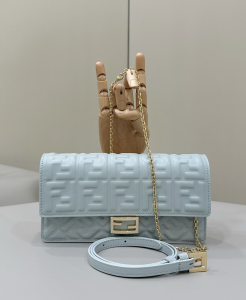 Fendi Baguette Continental Wallet with Chain Light Blue FF Embossed Leather Fendi Baguette Continental Wallet with Chain Light Blue FF Embossed Leather