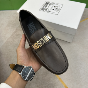 Moschino Logo Lettering Leather Loafers Driver Flat Dark Brown Moschino Logo Lettering Leather Loafers Driver Flat Dark Brown