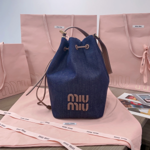 Miu Miu Medium Denim Blue and Leather Bucket Shoulder Bag Miu Miu Medium Denim Blue and Leather Bucket Shoulder Bag