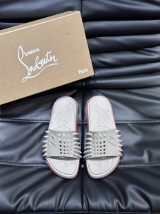 Christian Louboutin Mens Take It Easy Studs PVC Rubber Spiked Slide Sandals Light Grey Christian Louboutin Mens Take It Easy Studs PVC Rubber Spiked Slide Sandals Light Grey