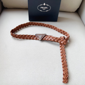 Prada Triangle Logo Braided Woven Leather Belt Brown 25MM Prada Triangle Logo Braided Woven Leather Belt Brown 25MM