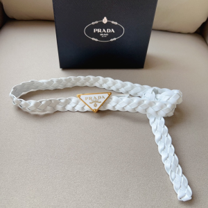 Prada Triangle Logo Braided Woven Leather Belt White 25MM Prada Triangle Logo Braided Woven Leather Belt White 25MM