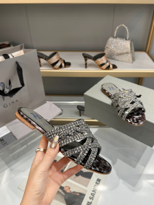 Gina Black crystals embellished leather loren flat slides sandal Gina Black crystals embellished leather loren flat slides sandal