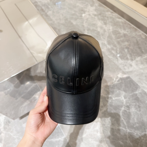 Celine Logo Black Leather Baseball Cap Hat