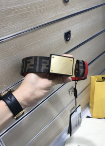 Fendi Squared Buckle Black Canvas and Red Leather Belt 38MM Fendi Squared Buckle Black Canvas and Red Leather Belt 38MM