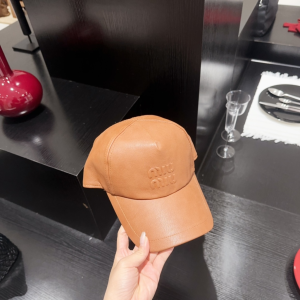 Miu Miu Logo Brown Leather Baseball Cap Hat