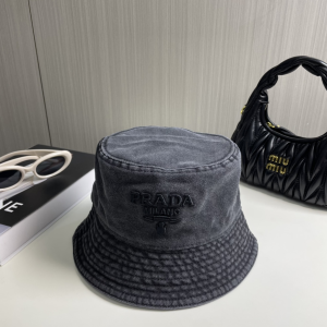 Prada Logo Black Canavs Bucket Cap Hat