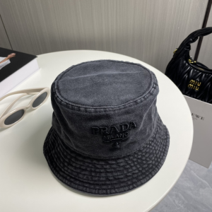 Prada Logo Black Canavs Bucket Cap Hat