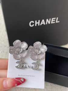 Chanel Silver CC Flower Pendant Earrings