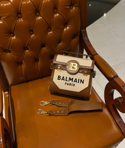 Balmain Bbuzz 23 Jacquard Canvas and Brown Leather Shoulder Crossbody Bag Balmain Bbuzz 23 Jacquard Canvas and Brown Leather Shoulder Crossbody Bag