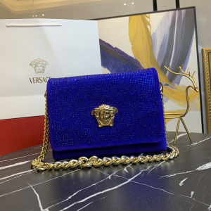 Versace Suede Palazzo Crystal Chain Evening Flap Bag Blue Versace Suede Palazzo Crystal Chain Evening Flap Bag Blue