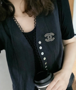 Chanel CC Logo Black Leather Brooch