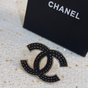 Chanel CC Logo Black Leather Brooch