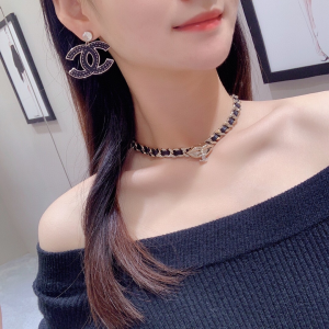 Chanel CC Logo Black Leather Earrings