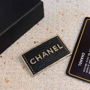 Chanel Logo Black Leather Square Brooch