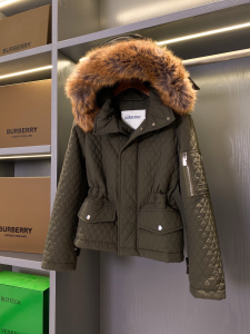 Burberry Quilted Cotton Blend Hooded Jacket with Faux Fur Loch Green Burberry Quilted Cotton Blend Hooded Jacket with Faux Fur Loch Green