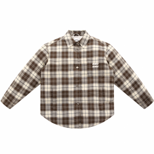 Miu Miu Logo Checkered Wool Shirt Down Jacket Brown Miu Miu Logo Checkered Wool Shirt Down Jacket Brown