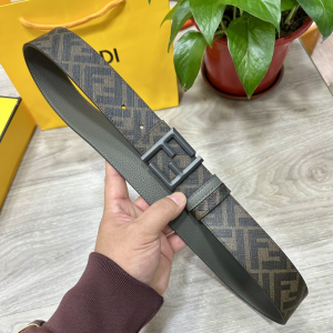 Fendi FF Stud Buckle Reversible Belt with Two Loops Brown Canvas and Khaki Grained Leather Fendi FF Stud Buckle Reversible Belt with Two Loops Brown Canvas and Khaki Grained Leather