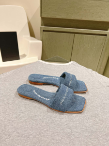 Alexander Wang Embossed Logo Vy Pool Blue Denim Fabric Flat Slides Sandals Alexander Wang Embossed Logo Vy Pool Blue Denim Fabric Flat Slides Sandals